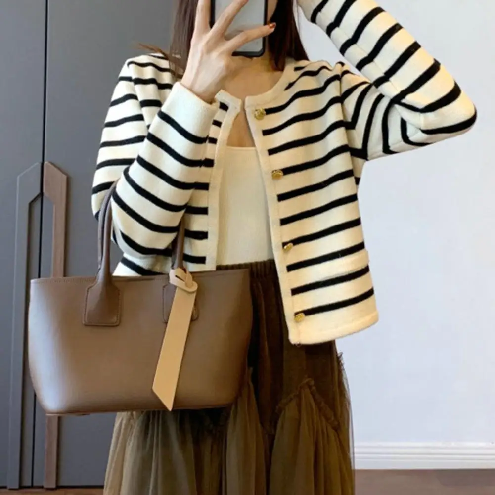 

Fall Knit Cardigan Women Striped Single-breasted Round Neck Loose Long Sleeve OL Commute Style Lady Short Sweater Coat