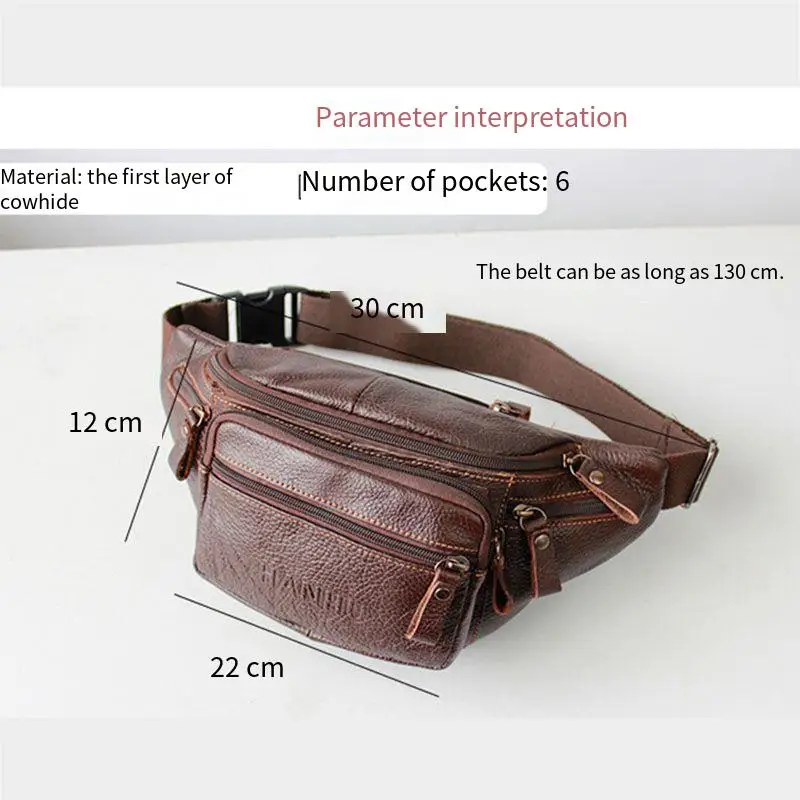 New Large Size Chest Bag Super Soft Leather Men\'s Business Casual Pocket Solid Color Cowhide Waterproof Backpack Waist Bags