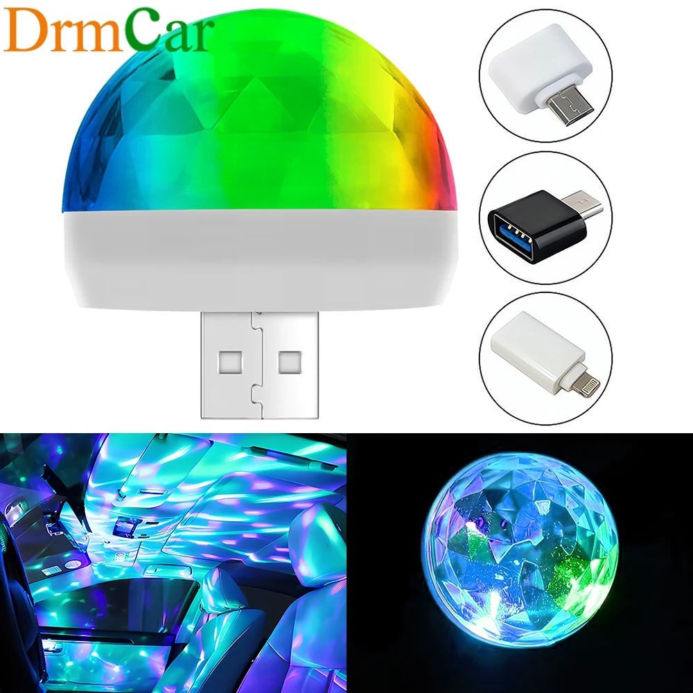 Car USB Ambient Light DJ RGB Mini Colorful Music Sound Led IOS 5V Interface Holiday Party Atmospheres Interior Dome Trunk Lamps