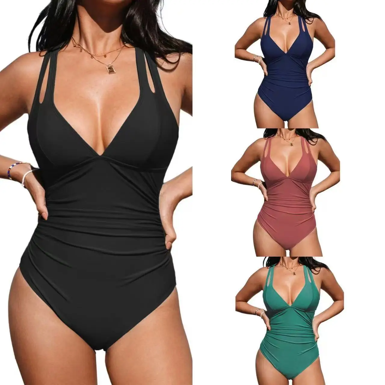 2026 New Solid Cross One Piece Swimsuit For Women Plus Size Swimwear Push Up Bathing Suit Beachwear Large Size Swimming Suit