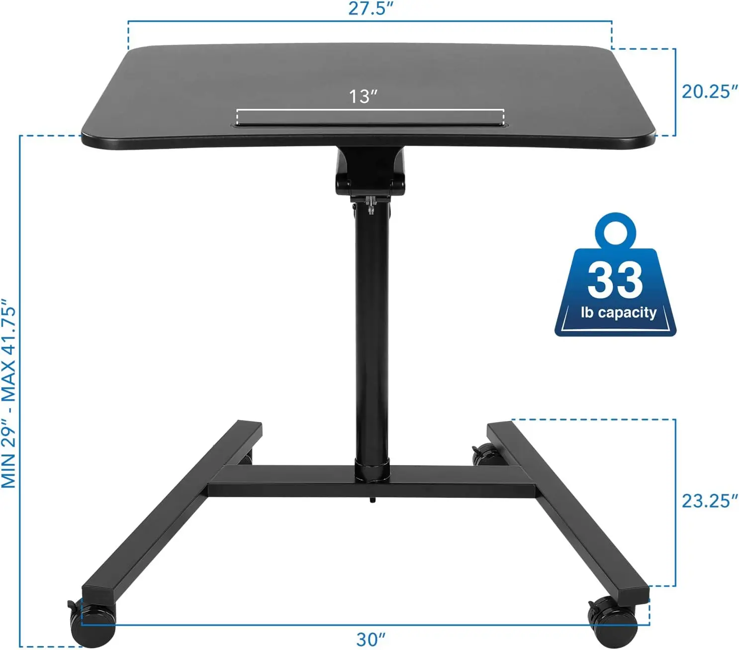 

Mobile Standing Laptop Desk, Height Adjustable Rolling Sit Stand Workstation with Casters, 27.5 Wide with Gas Spring Lift, Black