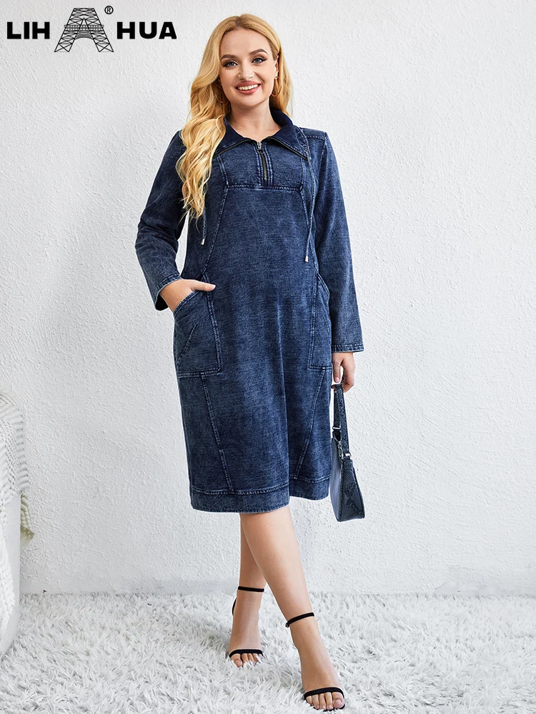 LIH HUA damskie Plus Size sukienka jeansowa jesienne elegancki, szykowny sukienki dla pulchnych kobiet dzianiny bawełniane dekolt z klapami sukienki