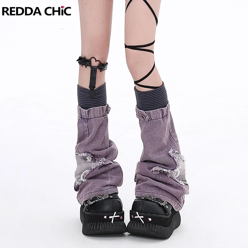 

REDDACHiC Women Knit Splice Denim Leg Warmers Raw Edge Do Old Boots Cover Star Patched Knee Long Sock Grayu Y2k Retro Clothes