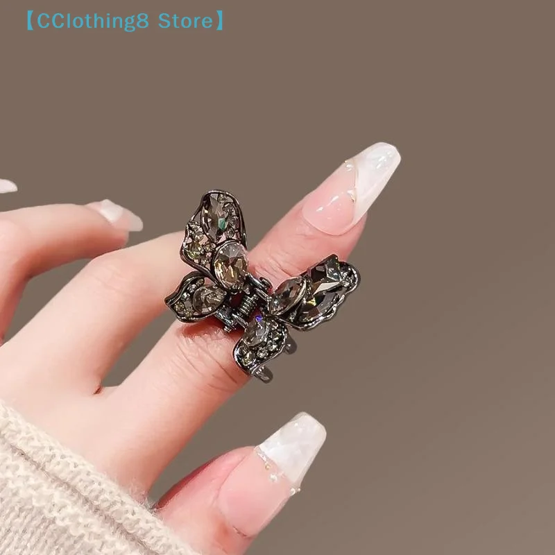 1Pcs High-end Bangs Side Hair Grip Cute Black Crystal Butterfly Small Hair Claw Sweet Korean Hair Clip Fashion Top Clip【AliS8】