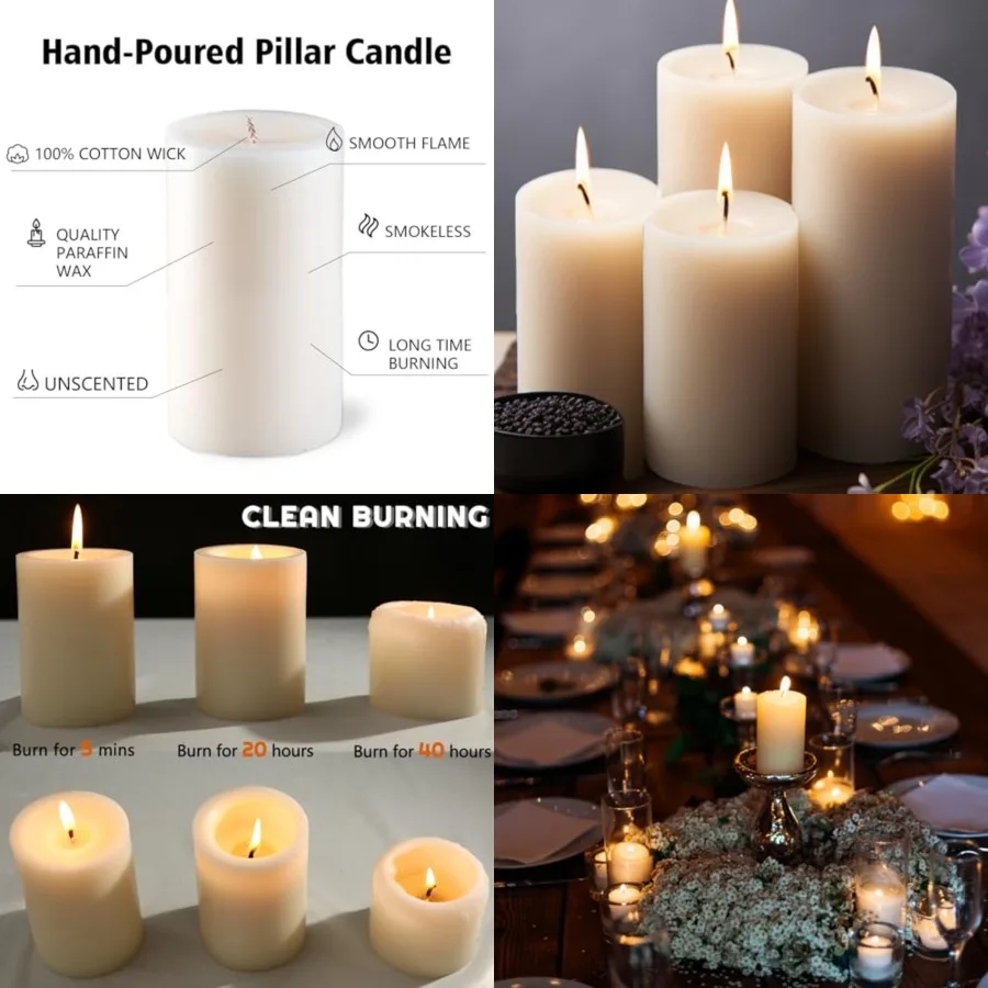 

Набор из 6 безароматных свечей-столбиков цвета слоновой кости, 2,8x4 дюйма - Большие свечи-столбицы без капель и дыма, время горения до 50 часов.