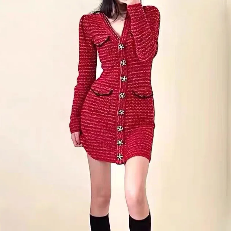 Elegant Lady Red Tweed Dress Vintage Four Pocket Long Sleeve Knit Dress Spring 2023 Casual High Waist Woolen Vestidos for Women