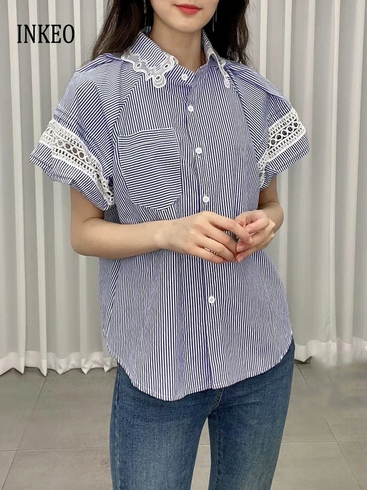 Mode Gestreepte Print Blouse Poff Mouw Tops Voor Dames 2024 Zomer Streetwear Kanten Patchwork Shirt Basic Kleding Inkeo 4t161