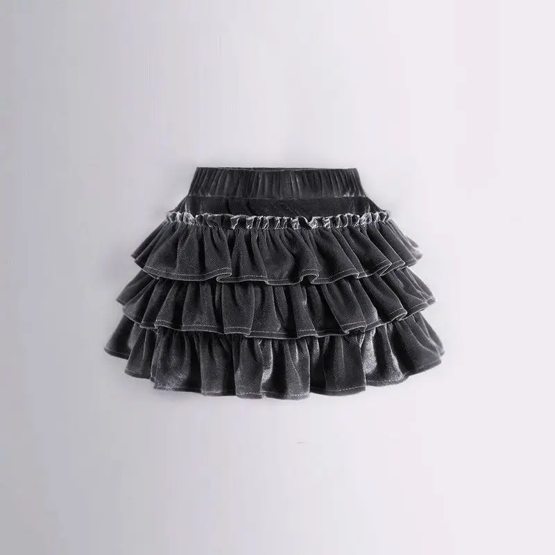 Kids Girls Velvet Ball Gown Skirts 2024 Autumn Winter Children Princess Performance Fluffy Skirt Three-layer Dnace Cake Skirts