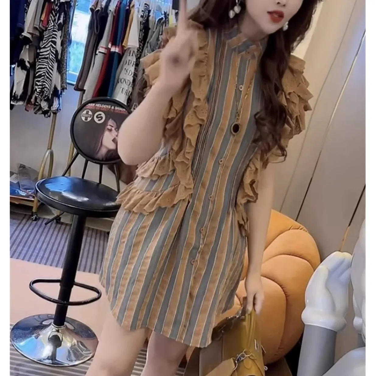 Fashionable Midi Shirt Dress with Pleated Design Stripes And Lace Trim A-Line Skirt Comfortable Breathable Polyester Fiber