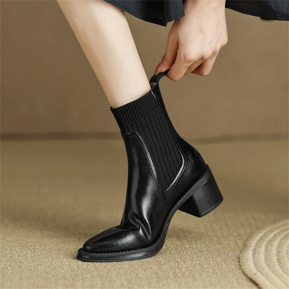 FEDONAS 2024 Women Genuine Leather Ankle Boots Thick High Heeled Short Office Pumps Sexy Pointed Toe Basic Boots Shoes