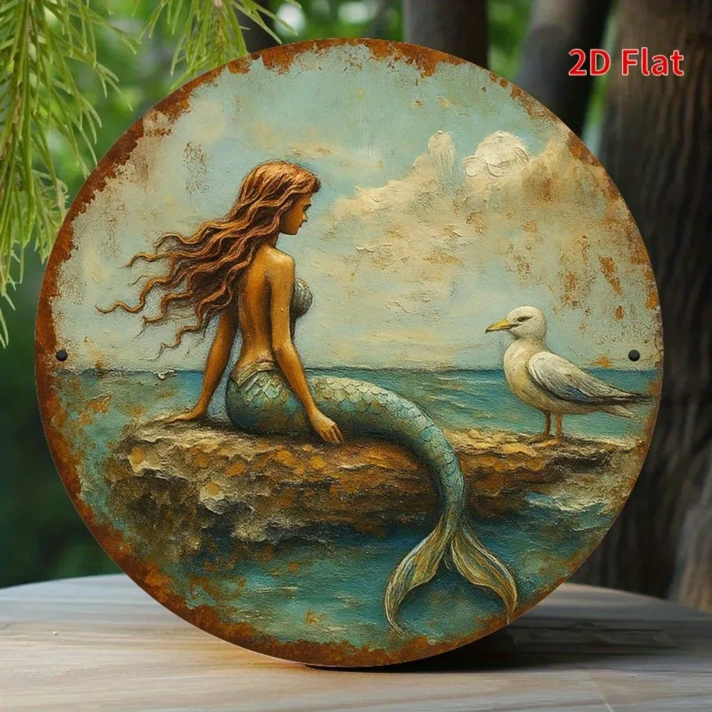 Mermaid Seagull Round Metal Sign 2D Flat Wall Decor for Home Cottage Garden Shop Garage Farm Street