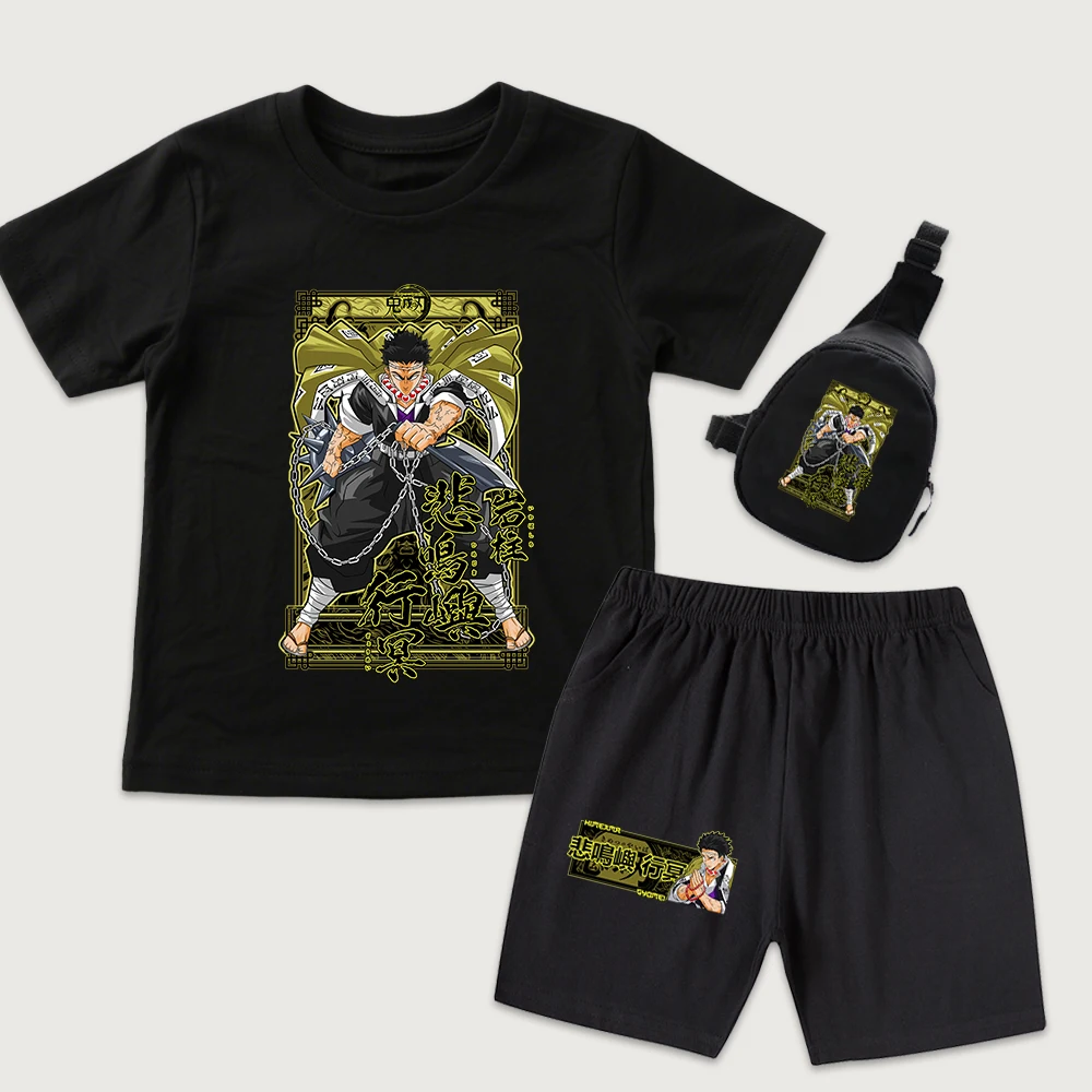 Demon Slayer Himejima Graphic Print Kids T Shirt and Shorts Set with Mini Chest Bag 3 Piece Summer Outfit for Teens