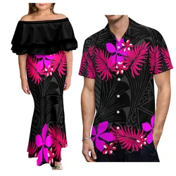Support Your Design Women'S One-Shoulder Dress Sexy Fishtail Skirt With Men'S Shirt Polynesian Island Pair With Couple Outfit