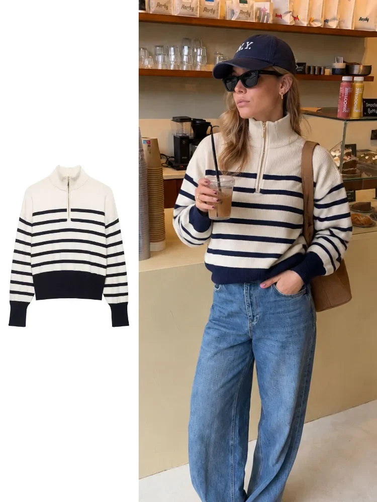 New Elegant Chic Navy White Knit Top Women Autumn Winter Graceful Long Sleeve Relaxed Fit Date Night Party Stylish Fashion Top