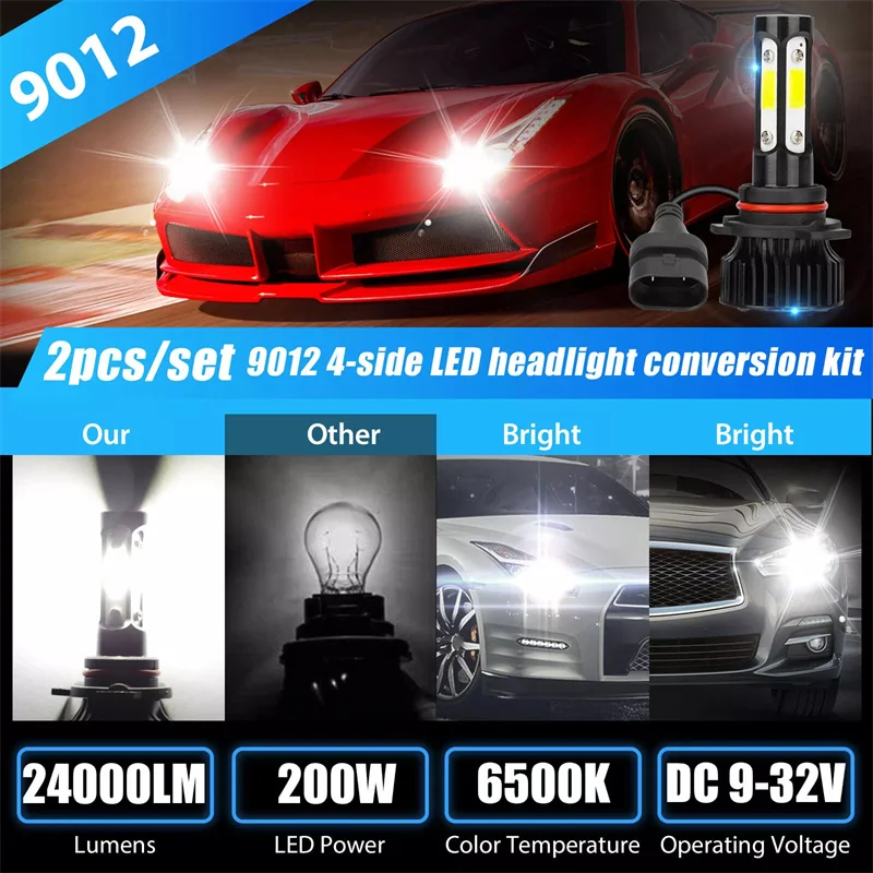 2Pcs 4 Sides LED Headlight Bulb 9012 Car Lights 9004 Fog Light Auto Headlamp Light Super White