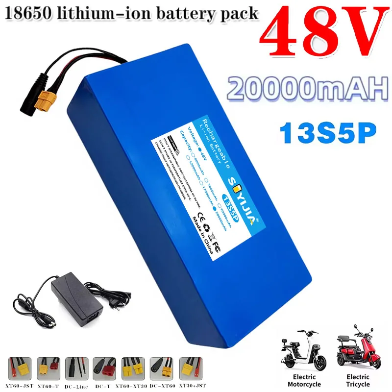 Built-in 48V 20Ah 13S5P Battery with BMS, 500W 750W 1000W Electric Mobile Tool, 18650 Lithium Battery Pack + 54.6V 2A Charger