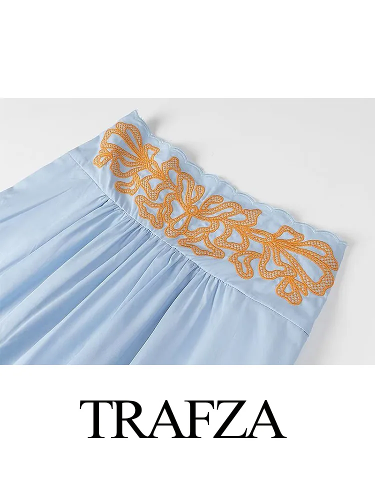 TRAFZA Summer Fashion Women Skirt Suits Embroidery Square Collar Sleeveless Tops+High Waist Slit Zipper Split Hem Long Skirts