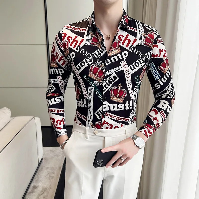 Luxury Crown Print Shirts Men Slim Long Sleeve Casual Shirt British Style Business Formal Dress Shirt Social Party Tuxedo Blouse