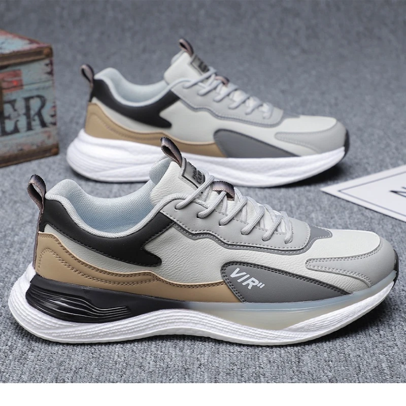 

Men's Leather Casual Sports Shoes Color-blocking All-season Soft-soled Anti-slip Lace-up Large-sized Outdoor Running Shoes