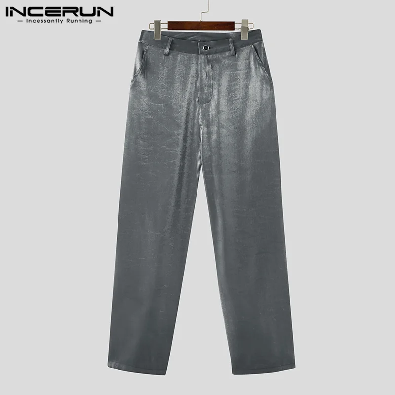 INCERUN 2023 Korean Style Handsome Men Trousers Solid Flash Fabric Pantalons Stylish Male Hot Sale Loose Straight Leg Pant S-5XL