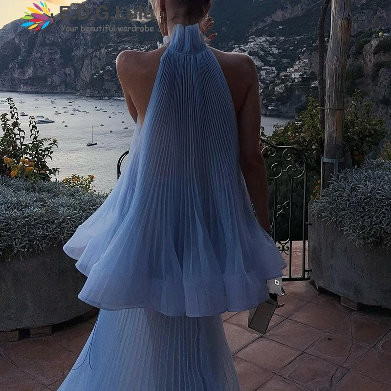 EDGLuLu فساتين سهرة مثيرة بدون أكمام متجعدة بحافة أوراق اللوتس امرأة أنيقة وردي أبيض فستان زفاف طويل 1018 #2