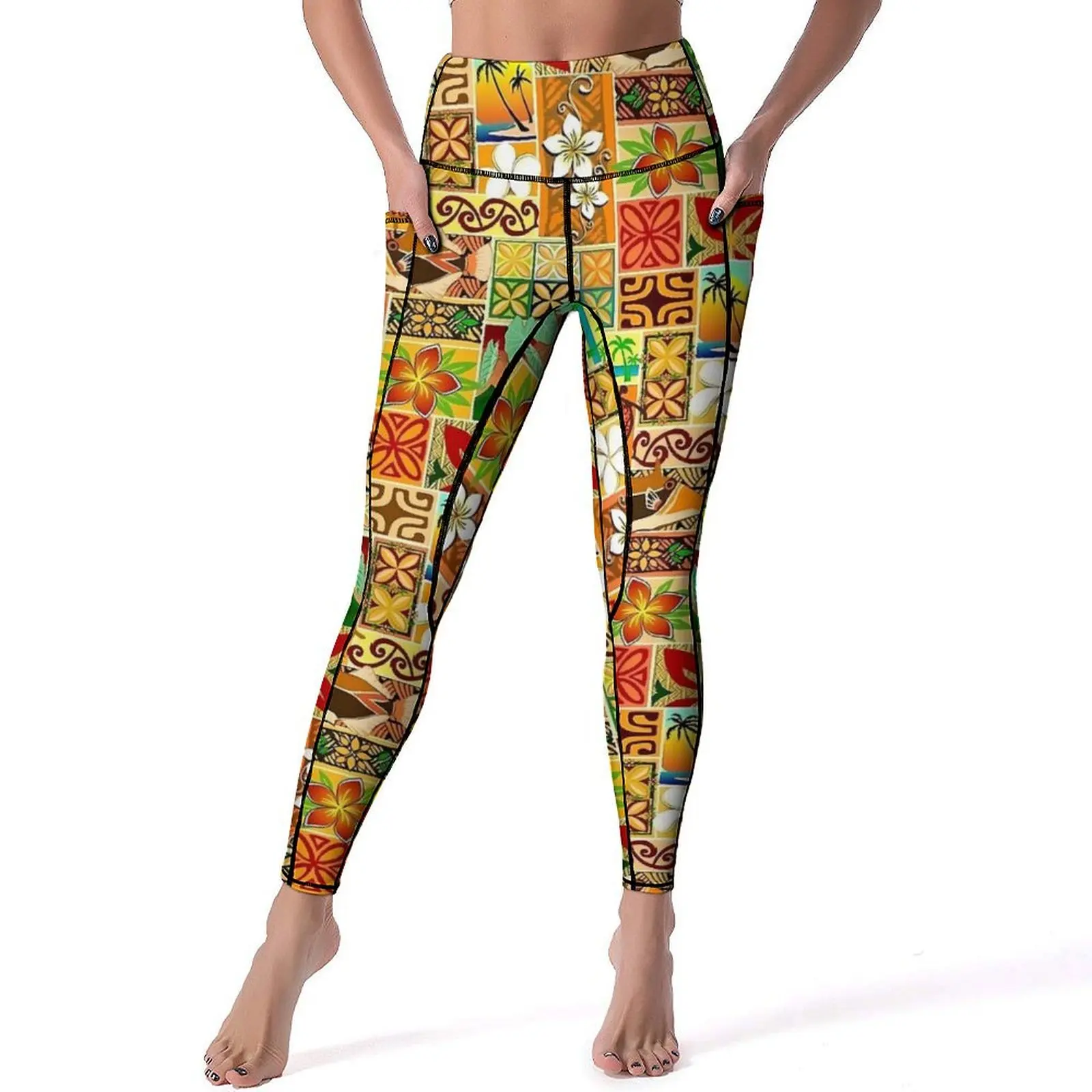 Hawaiian Blocks Leggings Sexy Tropical Floral Print High Waist Yoga Pants Funny Quick-Dry Leggins Female Fitness Sports Tights