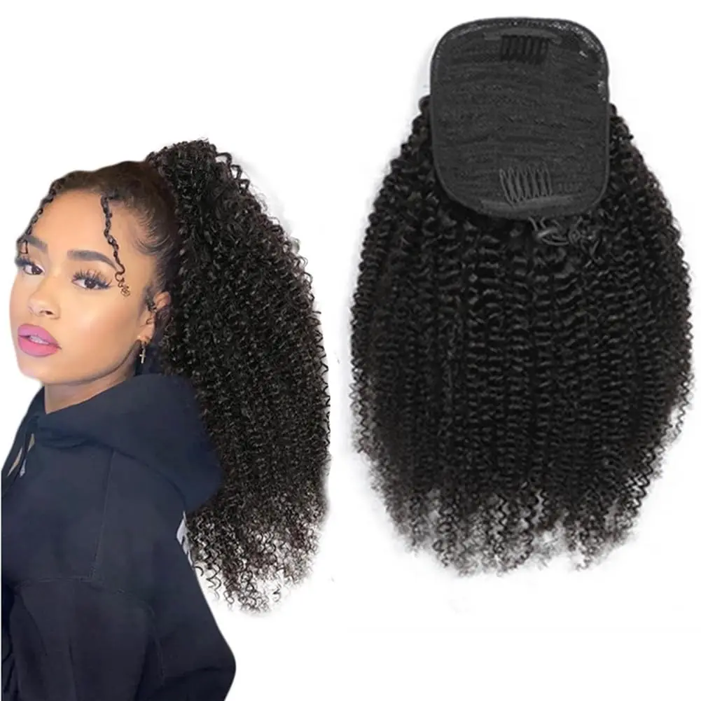 Afro Kinky Curly Drawstring Ponytail Human Hair Extensions Remy 12-24 Inch Clip-In Hair Pieces for Ethnic Hair Extensions