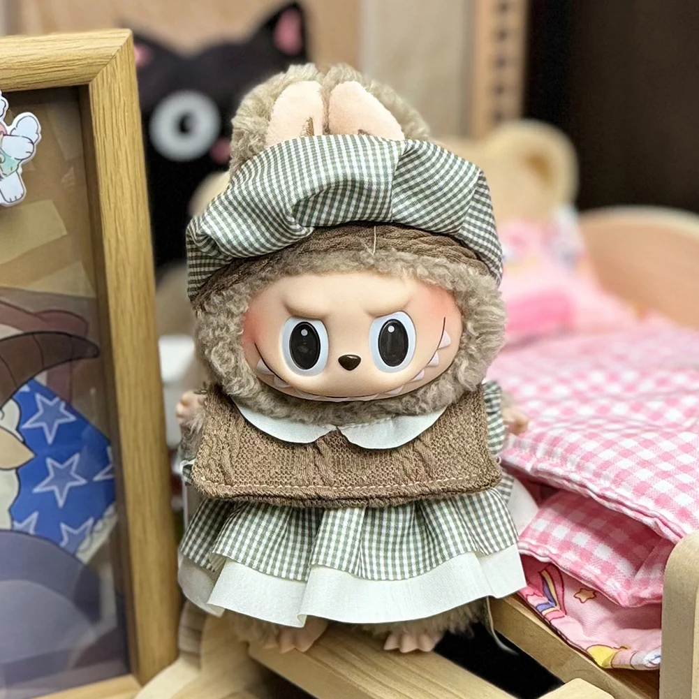 Mini ropa de muñeca de peluche de 17cm, accesorios de atuendo para Corea Kpop Exo Labubu Idol, conjunto de vestido a cuadros, regalo de ropa