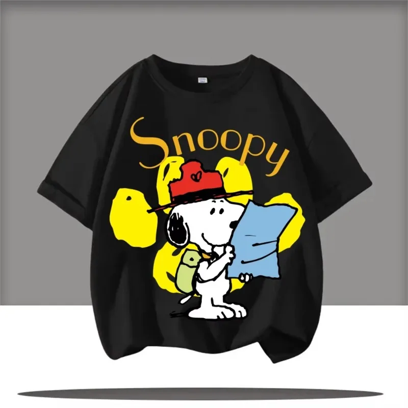 2026 صيف جديد شبكة مستديرة الرقبة تي شيرت تشارلي براون و سنوبي الكرتون أنيمي الأطفال الشارع العلوي القطن الخالص قصيرة الأكمام