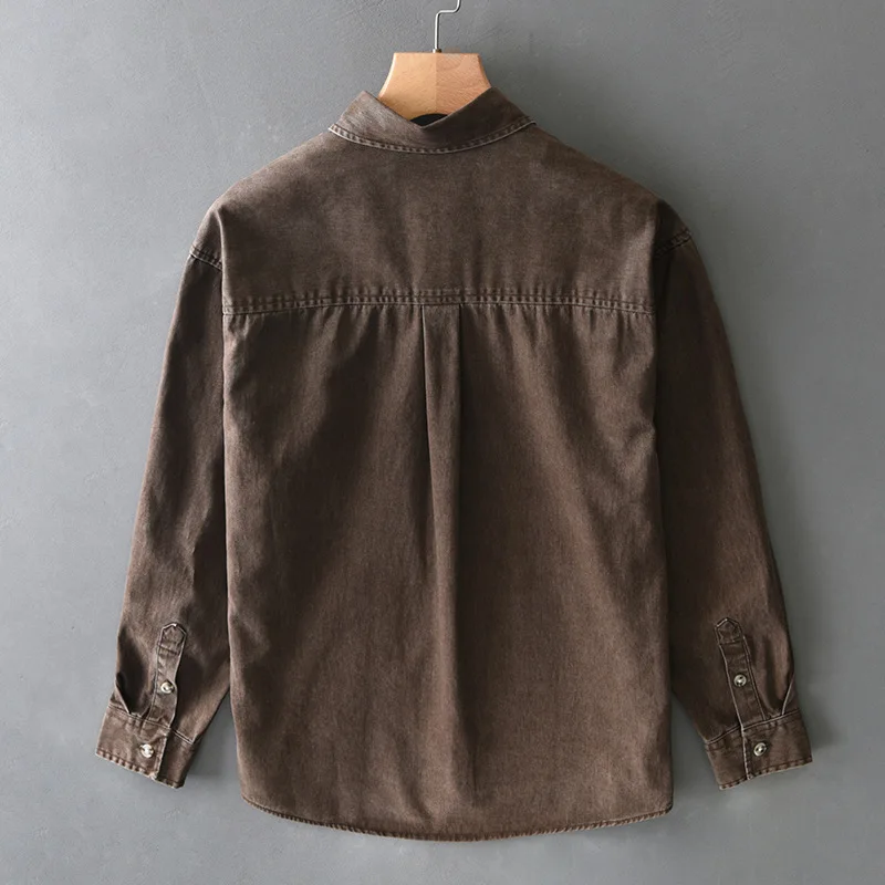 فضفاض البضائع 100% قميص قطني بكم طويل للرجال بسيط كلاسيكي اليومي قمصان ملابس رجالي بني أحمر 2025 ربيع جديد #3