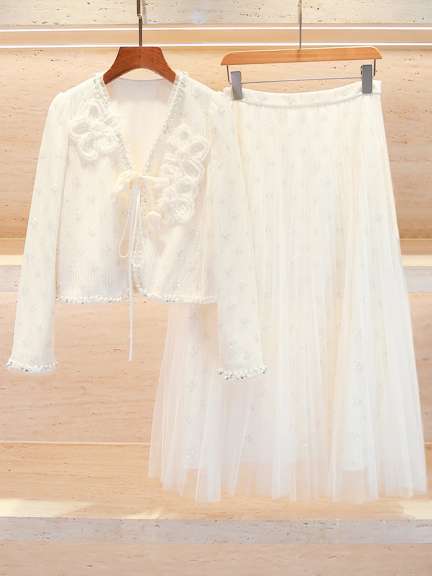 

High-End Knitted Cardigan And Mesh Skirt Set for Women Spring Summer Fashion Ensemble Short Coat V-Neck Button-Up Polyester F...