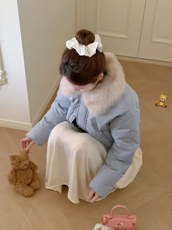 

Korean Sle Soft Chic Women's Cotton Jaet with Fur Collar Beautiful Unique Anti-Aging Outerwear Long Sve High Collar