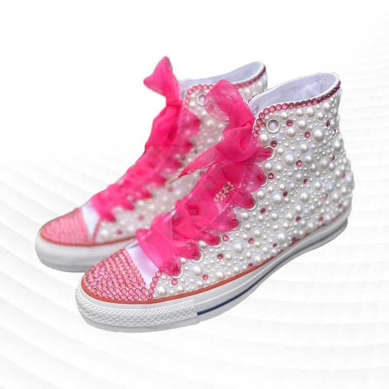 Multicolor high-top rhinestone canvas shoes sports walking comfort shoes handmade rhinestone ribbon vulcanized shoes 35-46