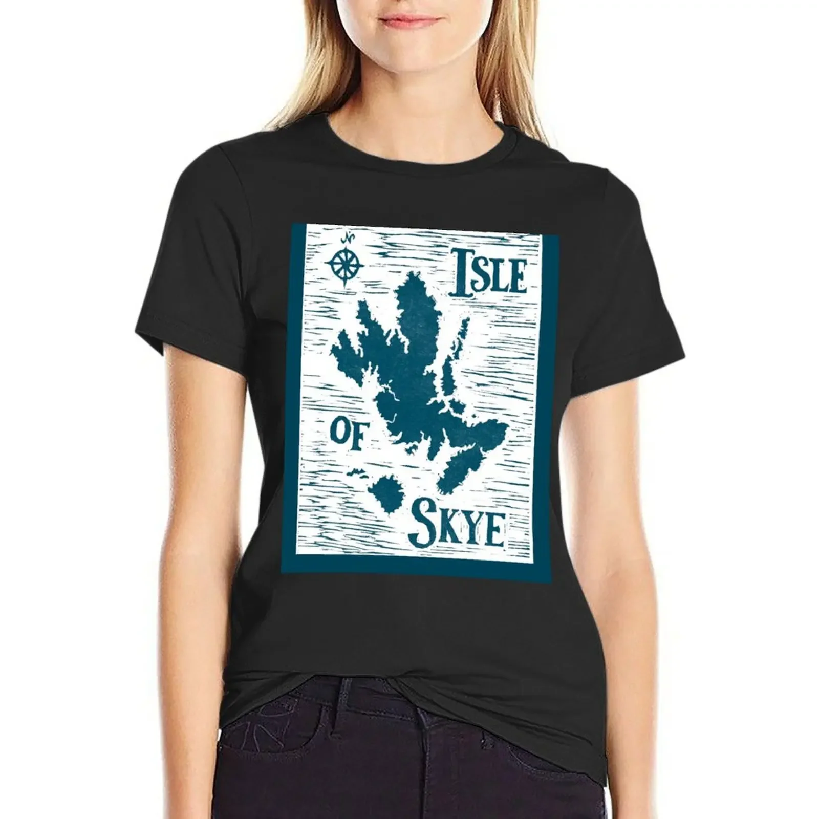 

Isle of Skye map linocut teal T-Shirt Short sleeve tee vintage clothes cute tops black t shirts for Women