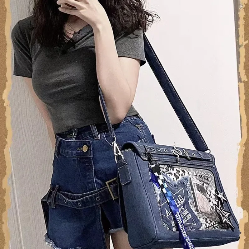 New Trendy Ita Bag 2024 Fashion Denim Blue Canvas Shoulder Bags for Women Popular Transparent Crossbody Bag Harajuku Bolso