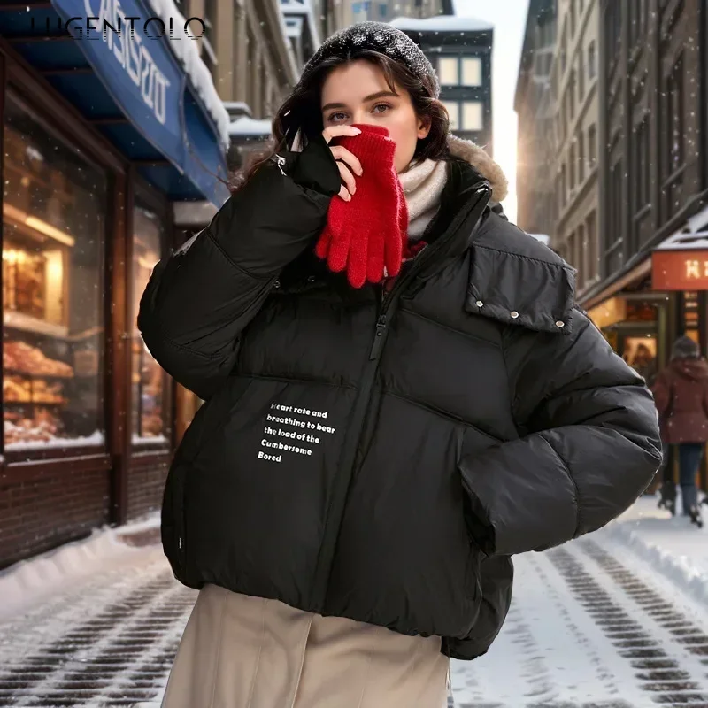 Women Casual Parkas 2025 Thickened Warm Down Cotton Coat Fashion Stand Collar Hooded Loose Bread Jacket Elegant Party Wear