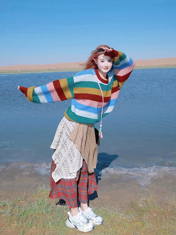 

Зимний комплект для северного Китая: корейский свитер и юбка с высокой талией, в полоску, с длинными рукавами, на пуговицах, с круглым вырезом, повседневная одежда