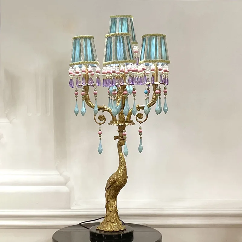 French all-copper peacock floor lamp, European-style retro villa living room  lobby decoration ornament vertical lamp