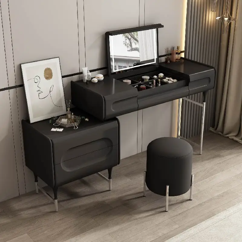 

Роскошный шкафчик для хранения вещей из цельного дерева в кремовом стиле со светодиодным зеркалом, мебель для спальни, французский туалетный столик, домашний макияж