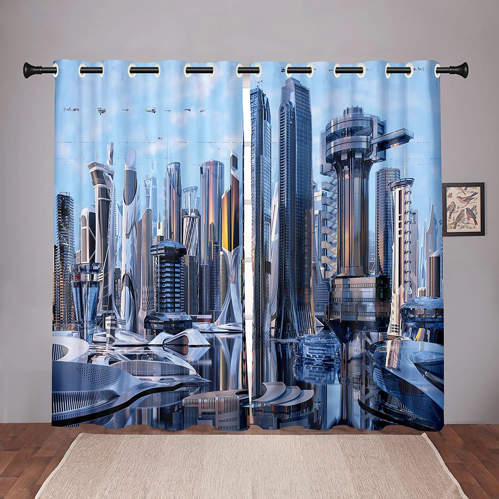 

Thick 2Pieces 90%Shading Future Cyberpunk City Sky On Sale Blackout Window Curtain For Bedroom Living Room Bathroom Kicthen Door