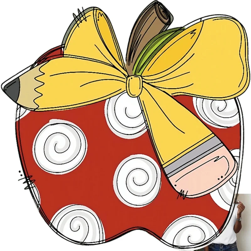 Cartoon Apple with Bow & Pencil Heat Transfer White Ink Iron - on Patch, Cute Fun Style, Suitable for T - shirts/Canvas Bags,
