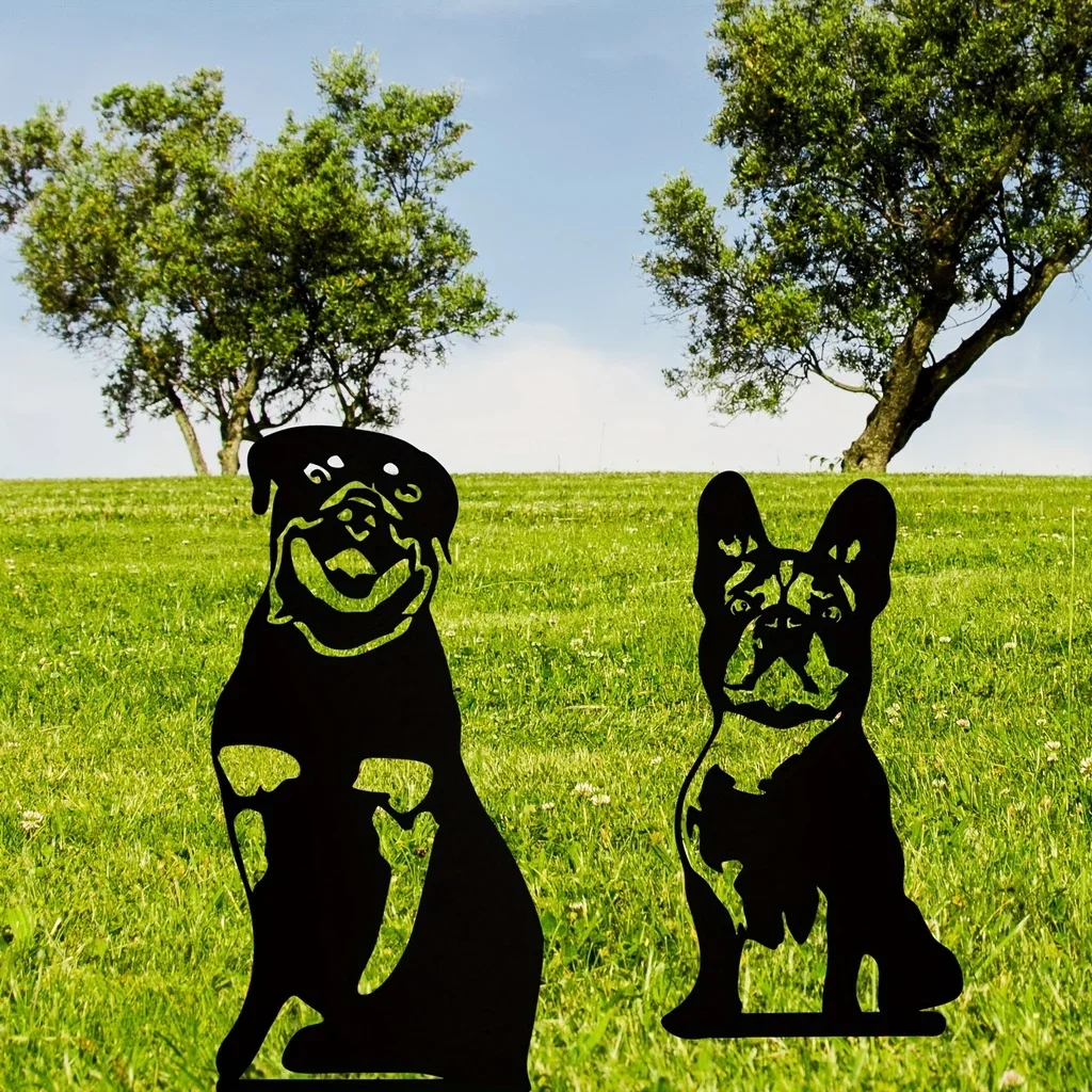 Statua del cane della decorazione del giardino del metallo 1pc, palo decorativo del giardino del cane nero della Silhouette, decorazione all\'aperto