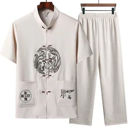 Traje Tang chino tradicional Retro, dragón bordado de Hanfu, uniforme de Kung Fu y Tai Chi de gran tamaño, ropa de exterior de lino de manga corta de verano