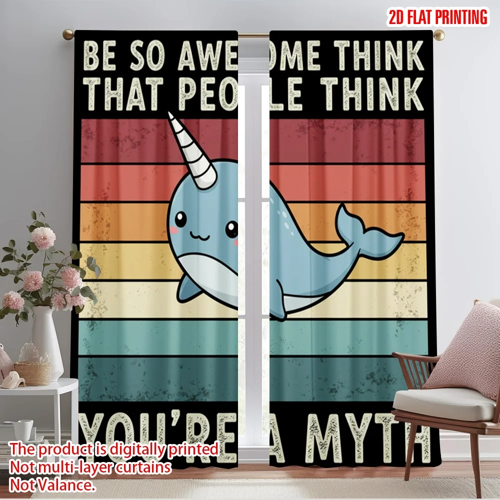 

2pcs 2D flat printing Drapes Narwhal Myth Awesome Fabric Without Electricity Festive Curtains for Holiday Home Decor & Gifts