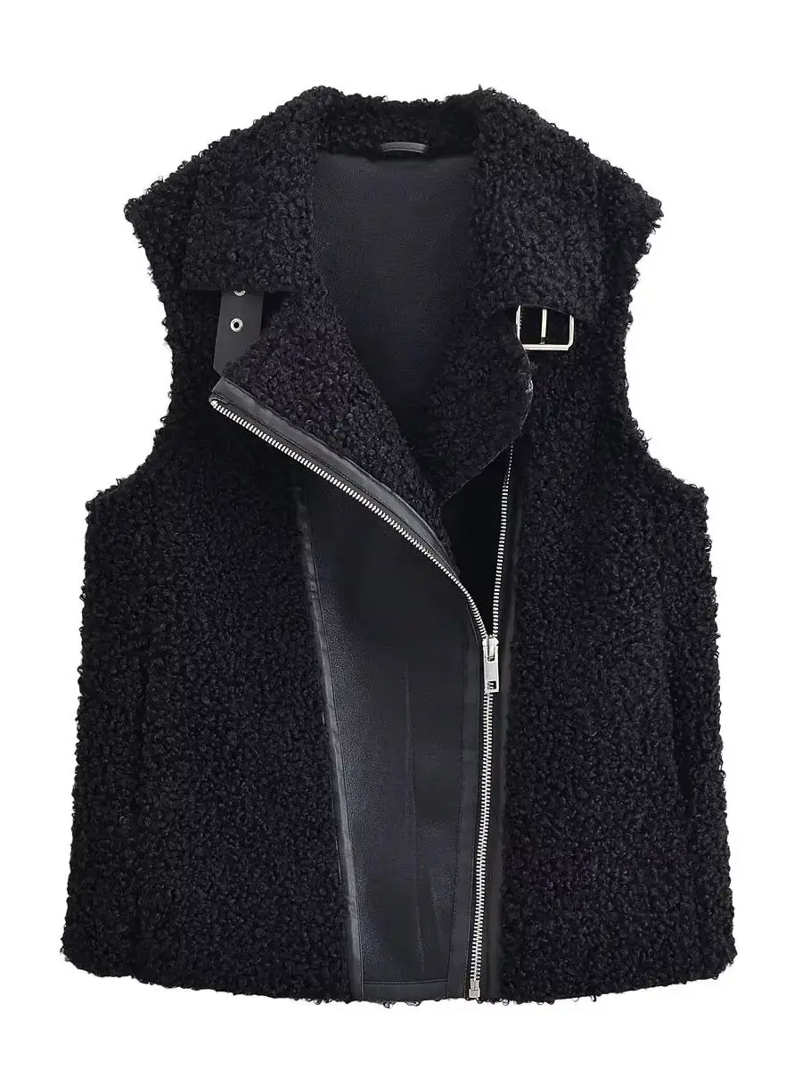 سترات نسائية لراكبي الدراجات النارية مصنوعة من الفرو الصناعي الأسود بدون أكمام سترات نسائية فاخرة عتيقة من البولي يوريثان وسحابات طويلة صدرية ملابس خروج