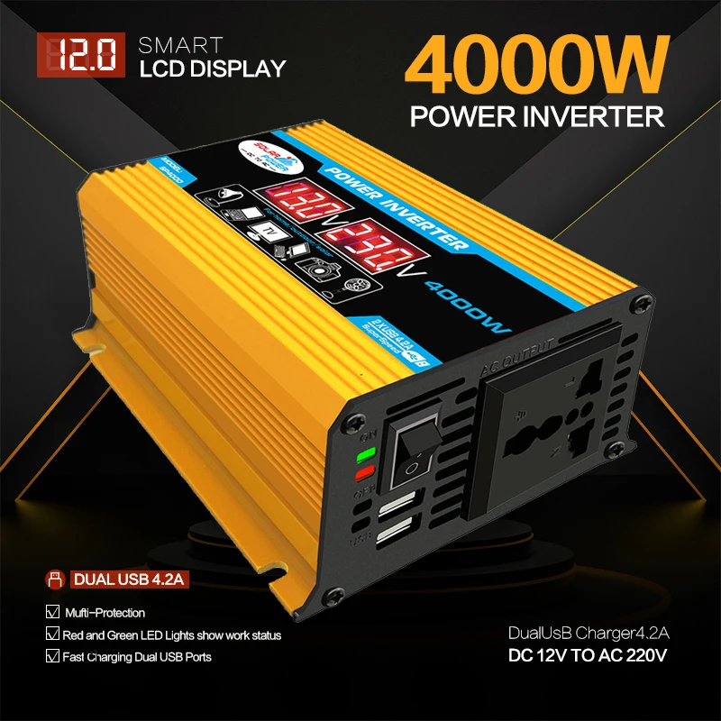 

Car Power Inverter LED Display 4000W 12V to 220V/110V Converter Charger Adapter Multiple Protection Dual USB Voltage Transformer