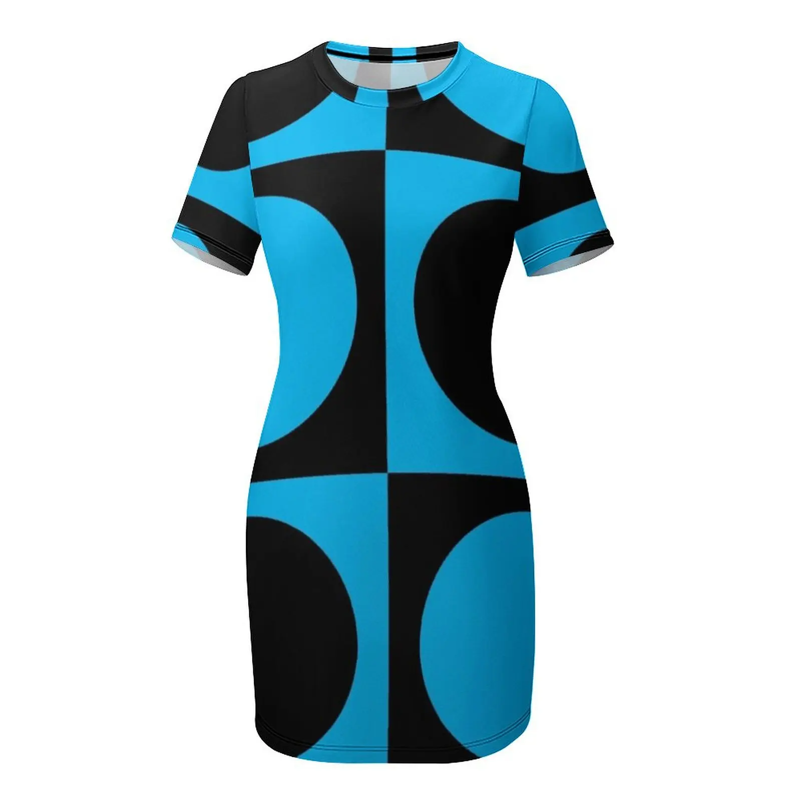 Mod Blue Circle z lat 60. |   Sukienka Mondrian z krótkim rękawem elegancka sukienka damska letnia na studniówkę 2025