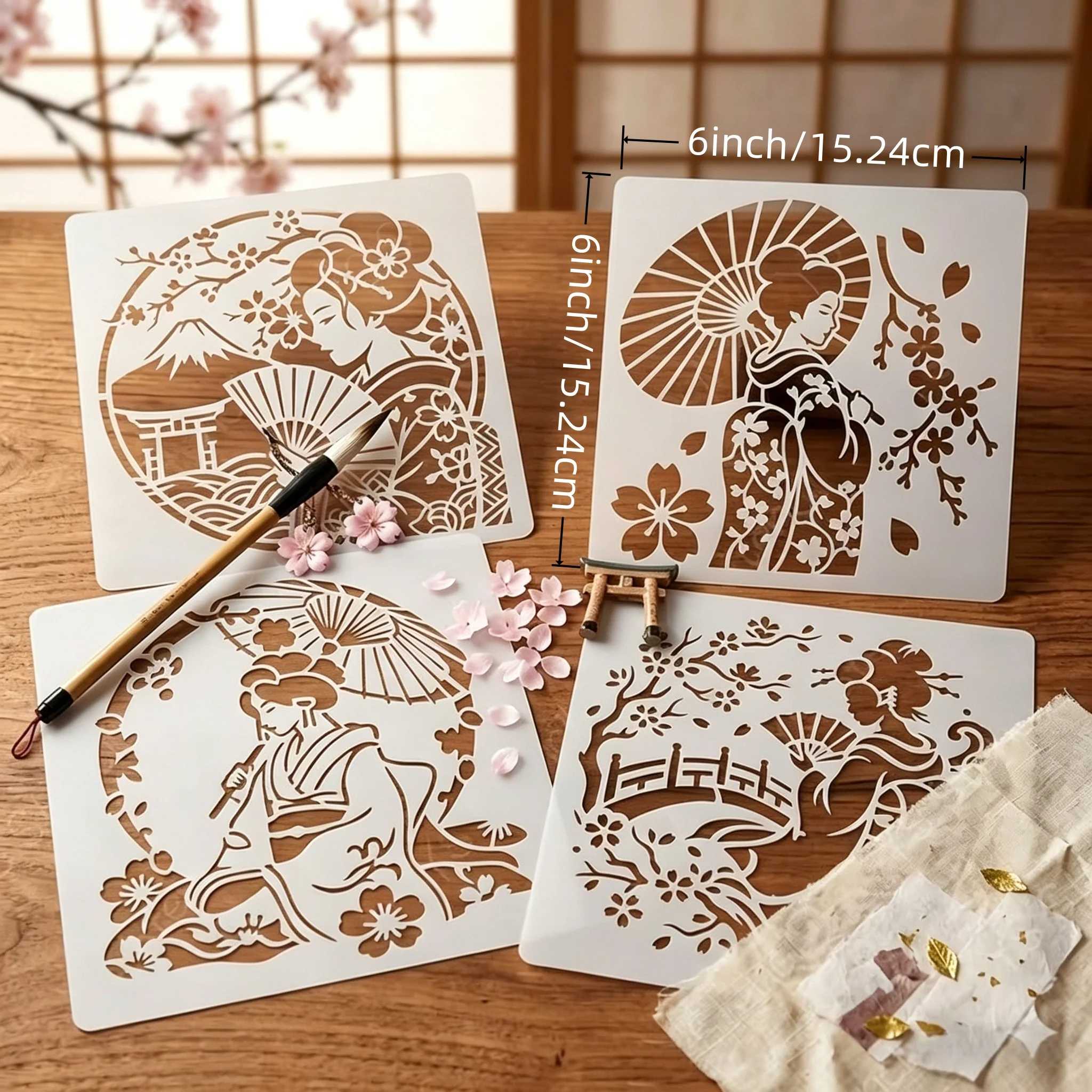 4pcs Japanese Geisha Stencil,Reusable Japanese Geishas,​​Cherry Blossoms,Mount Fuji for DIY Crafts Painting on Wall Art, Fabrics