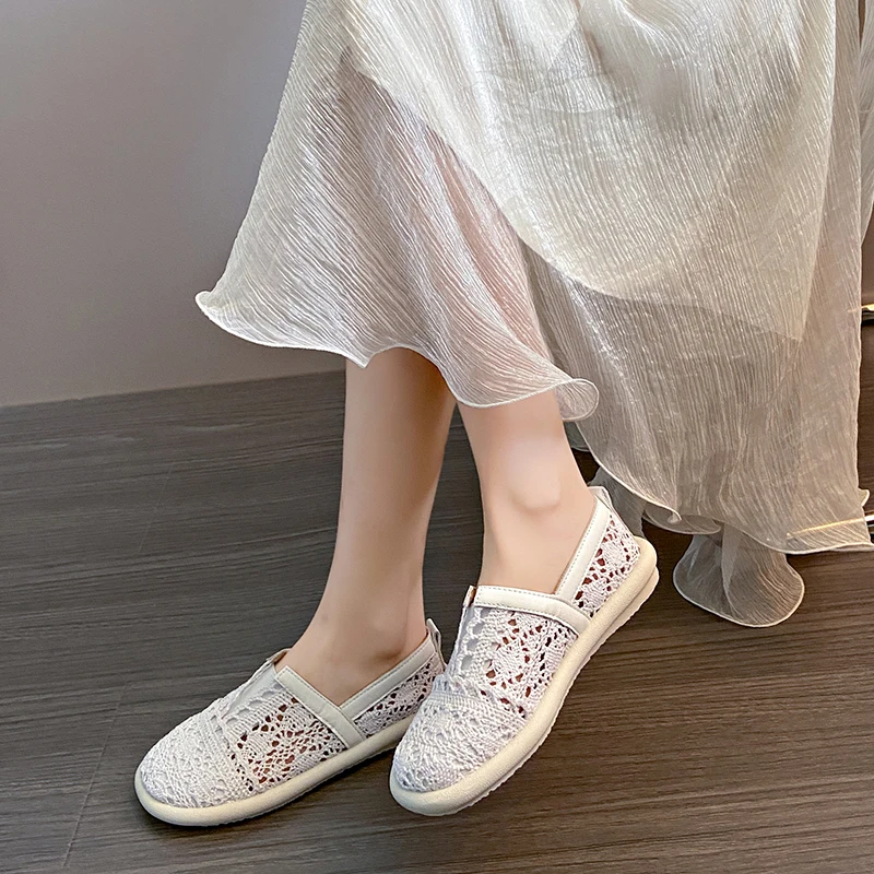 CRLAYDK 2024 Summer Women Lace Jacquard Loafers Woven Hollow Out Lazy Slip On Shoes Beach Breathable Walking Beach Travel Flat