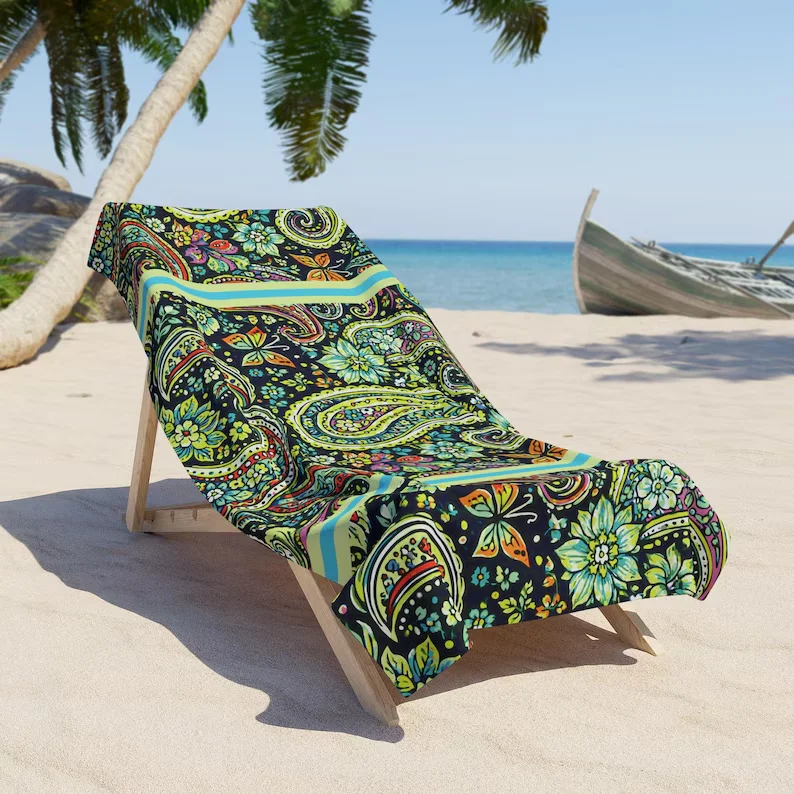 Luxury Bath Beach Towel Art Nouveau Collage Pattern Bright and Colorful Birds Flowers Butterflies Towels